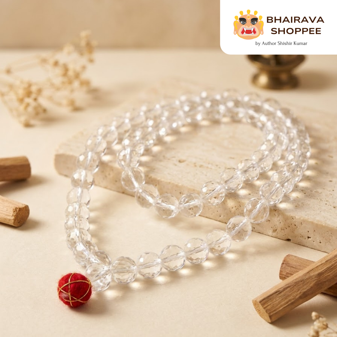 Diamond-cut Siddha Sphatik Mala | 108 Beads Crystal Mala for Meditation & Pooja