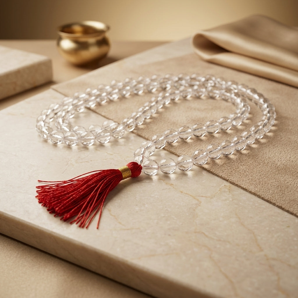 Siddha Sphatik Mala | 108 Cloudy Crystal Beads | Meditation & Pooja