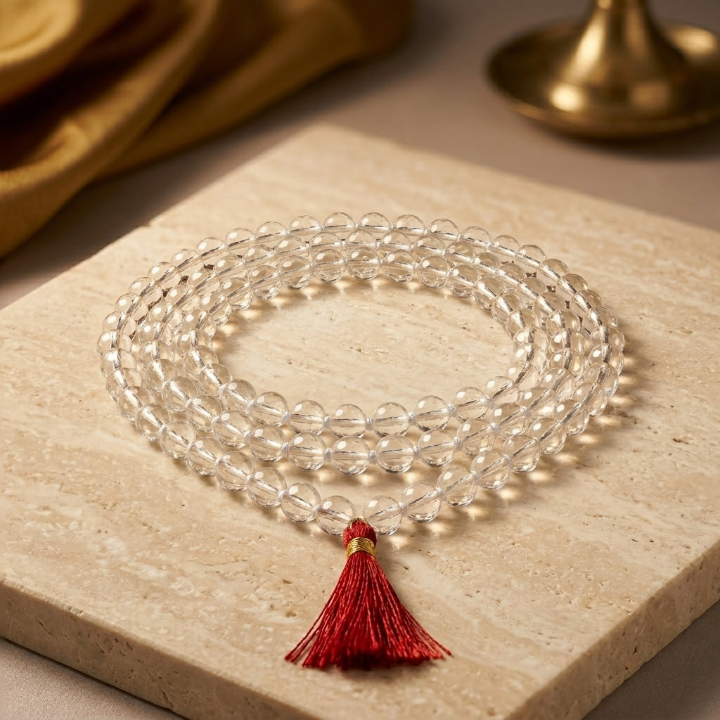 Siddha Sphatik Mala | 108 Cloudy Crystal Beads | Meditation & Pooja