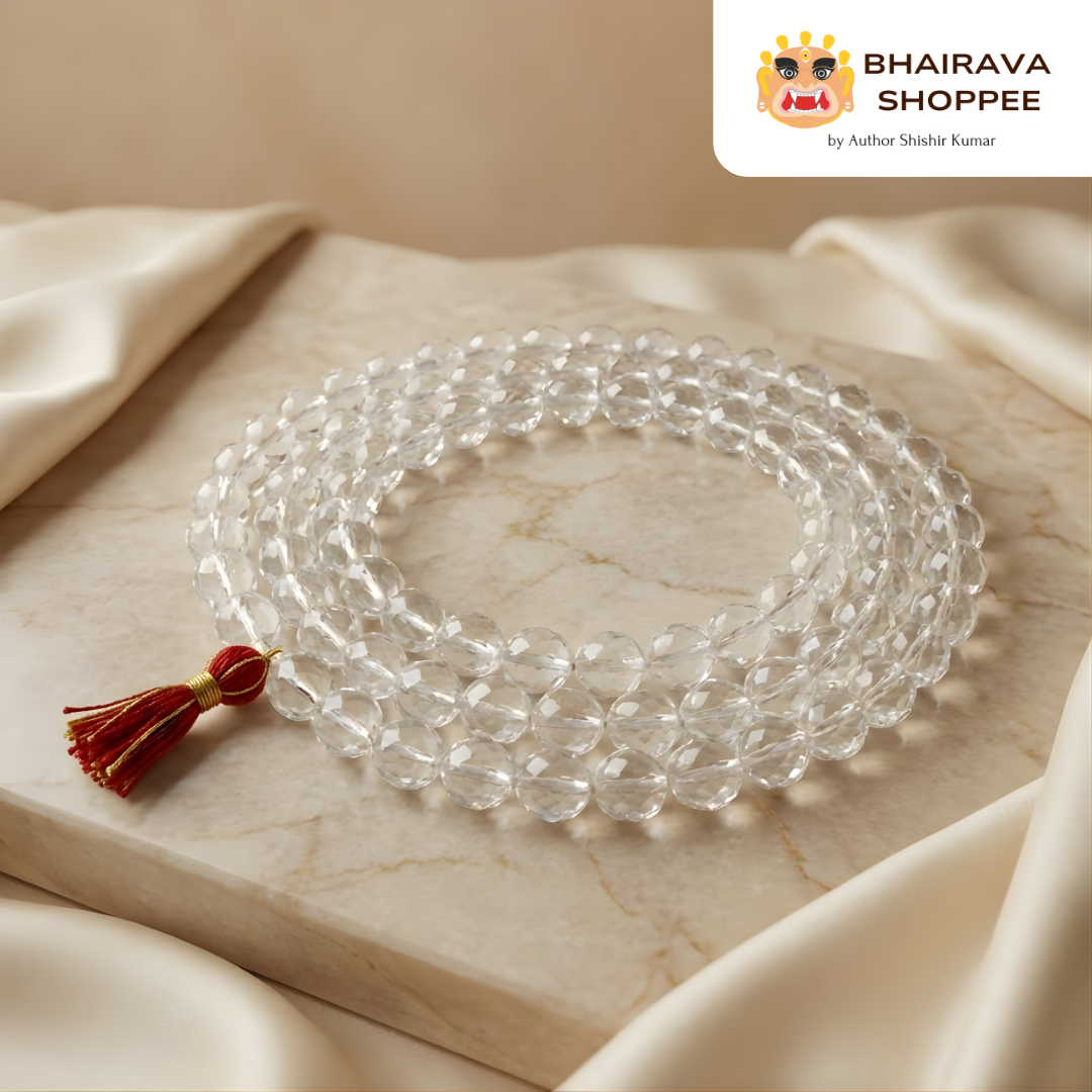 Diamond-cut Siddha Sphatik Mala | 108 Beads Crystal Mala for Meditation & Pooja