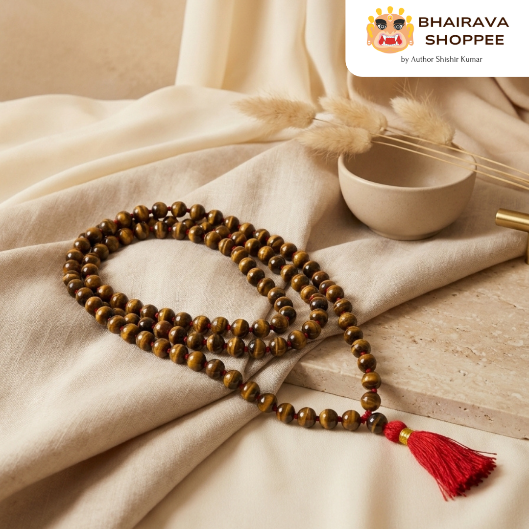 Tiger Stone Mala (Tiger Eye Mala) for Courage, Focus & Protection | Brown Golden Gemstone Mala