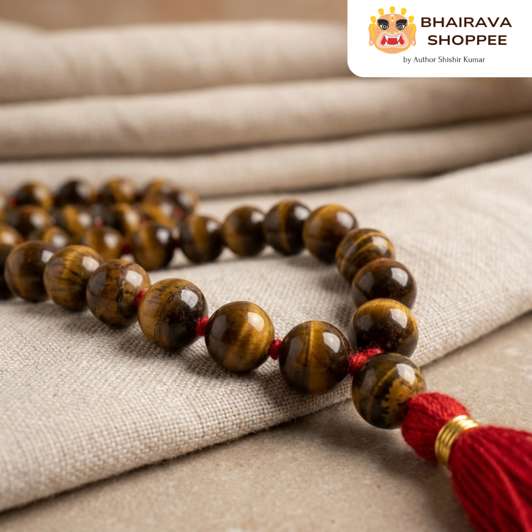 Tiger Stone Mala (Tiger Eye Mala) for Courage, Focus & Protection | Brown Golden Gemstone Mala